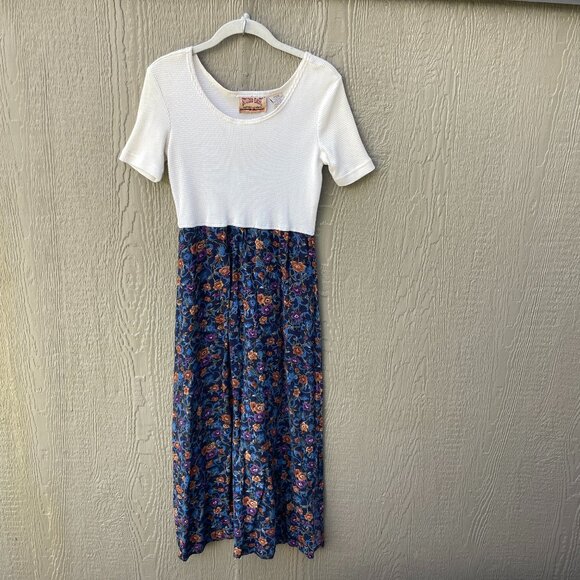 Vtg 90's Studio Ease Maxi Dress Sz 6 Floral Navy  Ivory Waffle Prairie Cottage - Picture 1 of 8